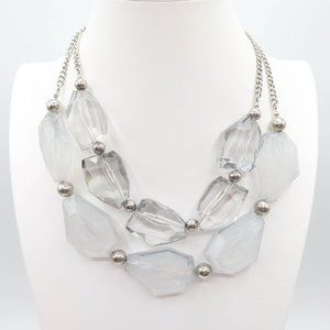 Chunky Clear & Milky White Faceted Acrylic Bead Silver Tone Necklace 20.5"